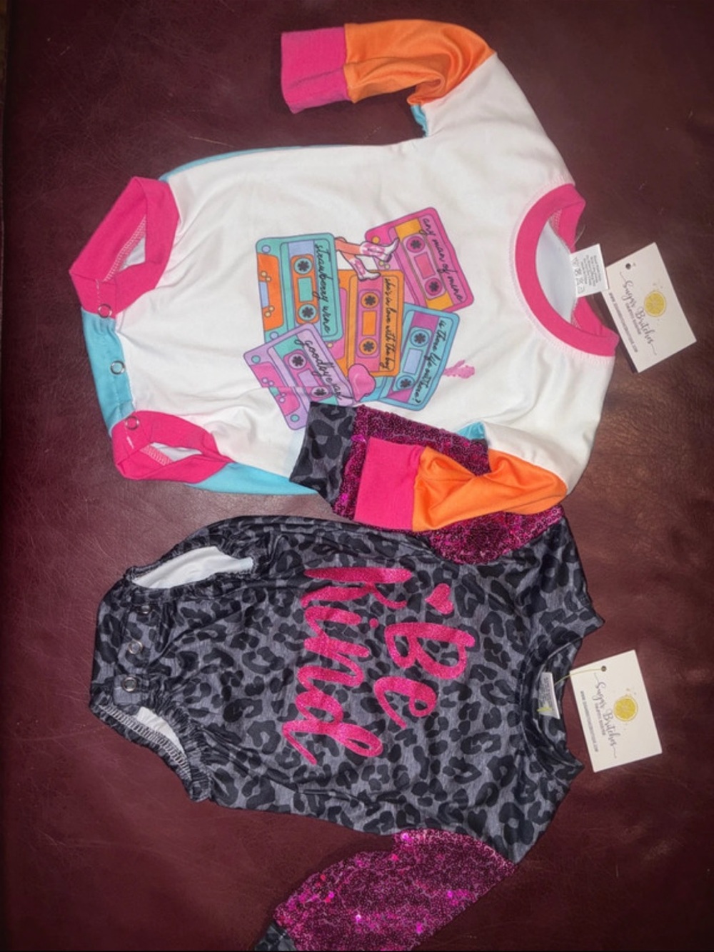 Sparkly Cassette Graphic Long-Sleeve One-Piece Bodysuit - Pink & Orange
